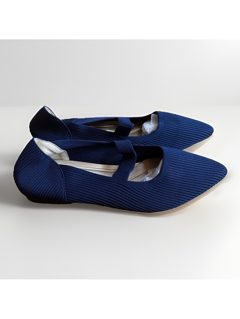 NEW Navy Blue Ribbed Mary Jane Flats Shoes Pointed Toe Size 11 EU 42